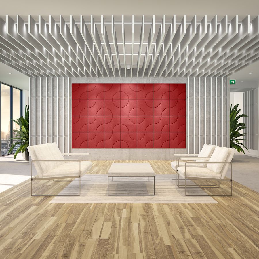 Image of red Celano acoustic tiles on a wall in a large room. Acoustic tiles from Acoustek's Cavassini collection - manufactured and available to buy from Acoustek Australia & UK.