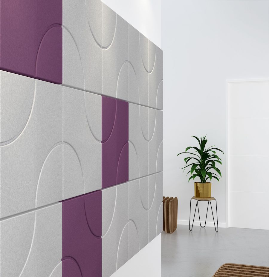 Image of white & purple Celano acoustic tiles on a wall. Acoustic tiles from Acoustek's Cavassini collection - manufactured and available to buy from Acoustek Australia & UK.