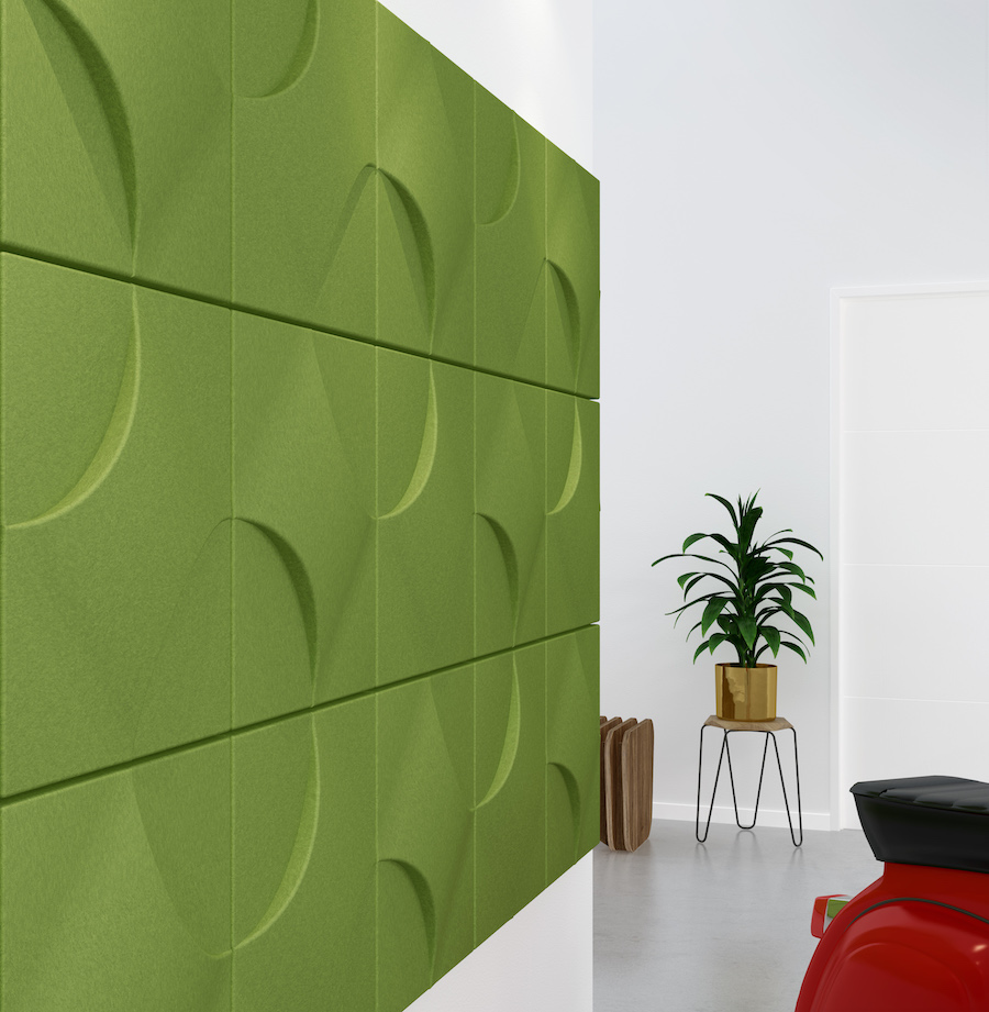 Image of green Torino acoustic tiles on a wall. Acoustic tiles from Acoustek's Cavassini collection. Manufactured by & available to purchase from Acoustek Australia & UK.