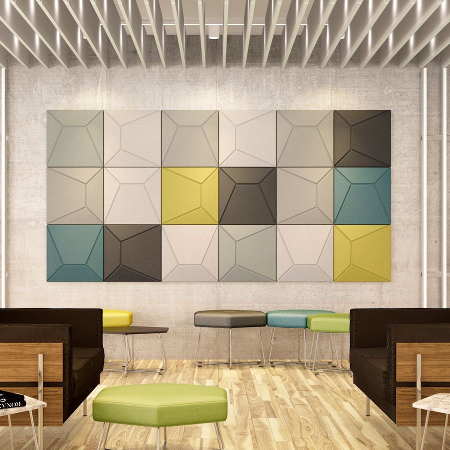 Image of Milano acoustic tiles on a wall in an open plan space. Acoustic tiles are part of Acoustek's Cavassini collection. Manufactured & sold by Acoustek Australia & UK.