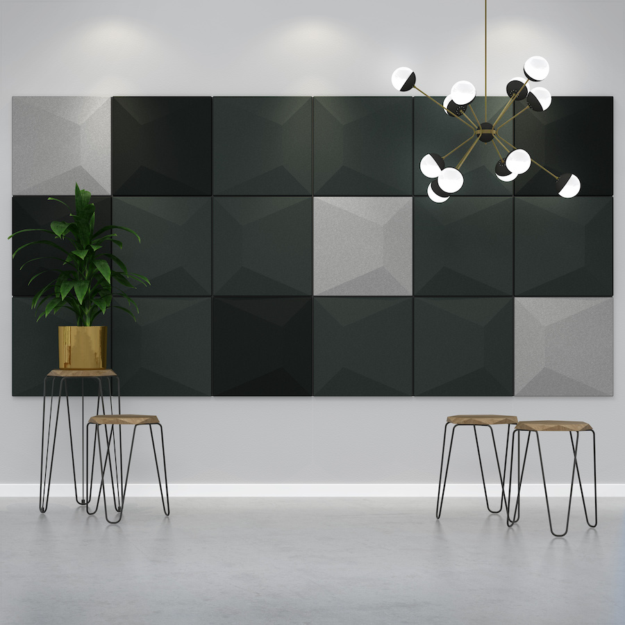 Image of black & grey Roma acoustic tiles on a wall. Acoustic tiles from Acoustek's Cavassini collection. Manufactured by & available to purchase from Acoustek Australia & UK.