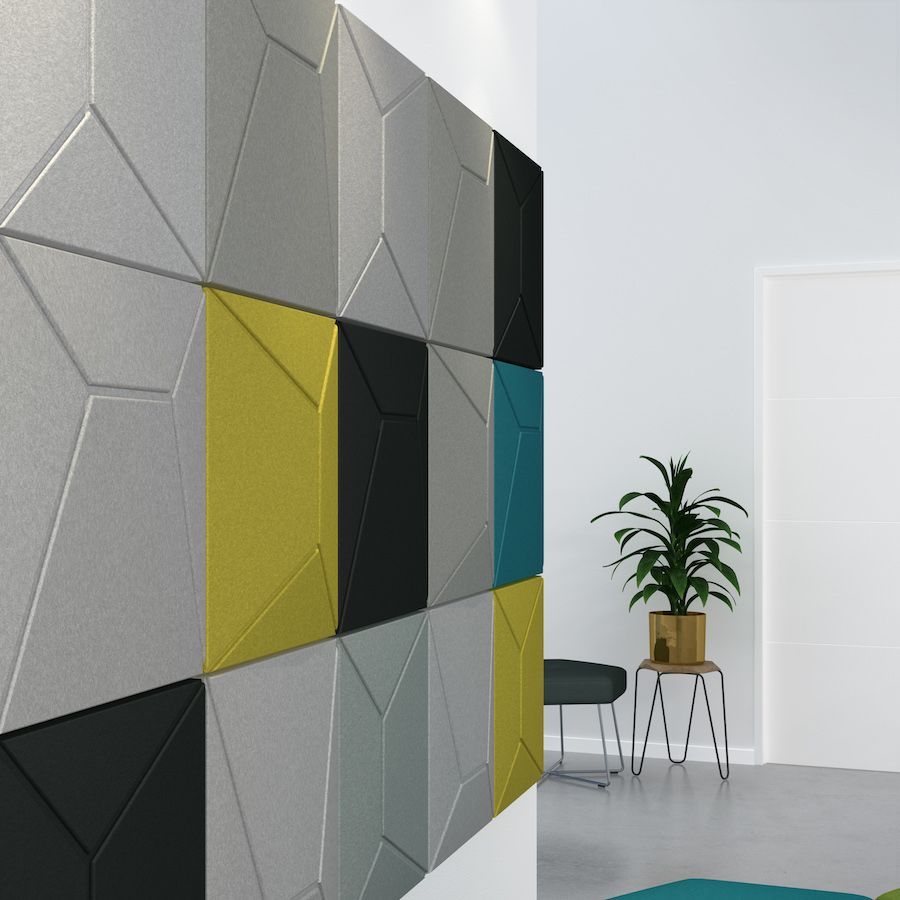Image of Roma acoustic tiles in various colours on a wall. Acoustic tiles from Acoustek's Cavassini collection. Manufactured & sold by Acoustek Australia & UK.