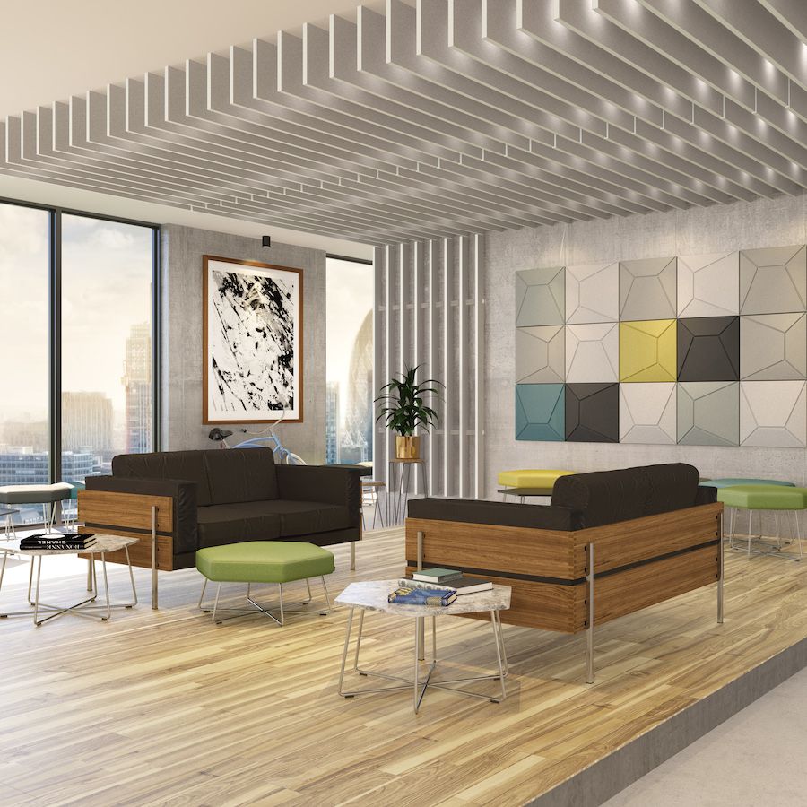 Image of Roma acoustic tiles in various colours on a wall in an open plan space. There are acoustic blades attached the ceiling and wall. Acoustic tiles from Acoustek's Cavassini collection. Manufactured & sold by Acoustic Australia & UK.
