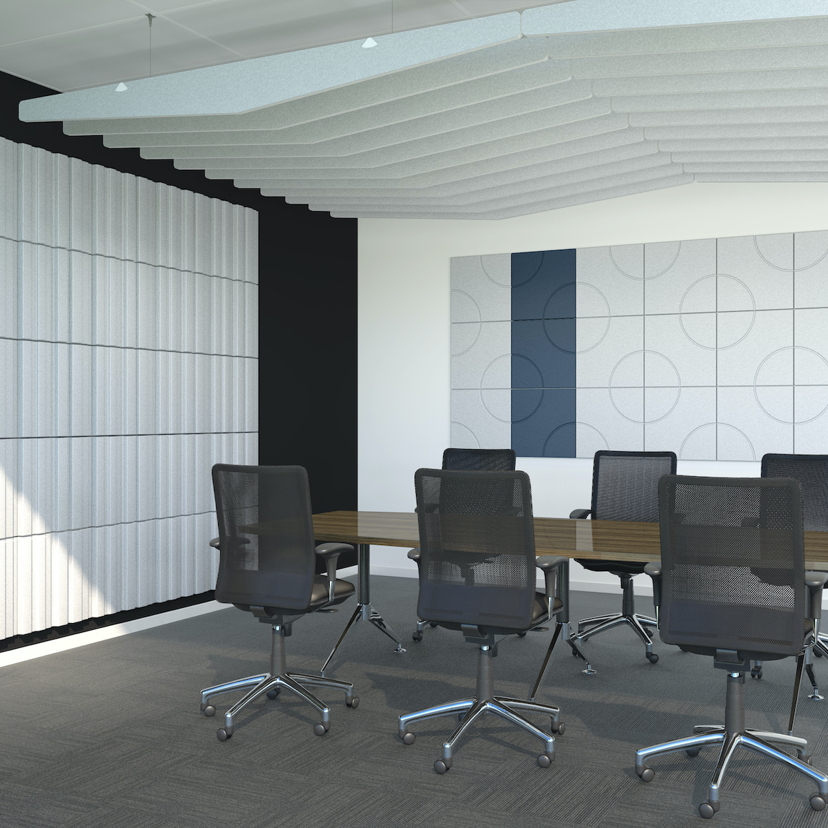 Opus acoustic blades attached in ceiling in meeting room along with acoustic tiles on the walls. Acoustic blades & tiles working together to improve acoustics and reverberate noise of indoor space. Manufactured & sold by Acoustek Australia.