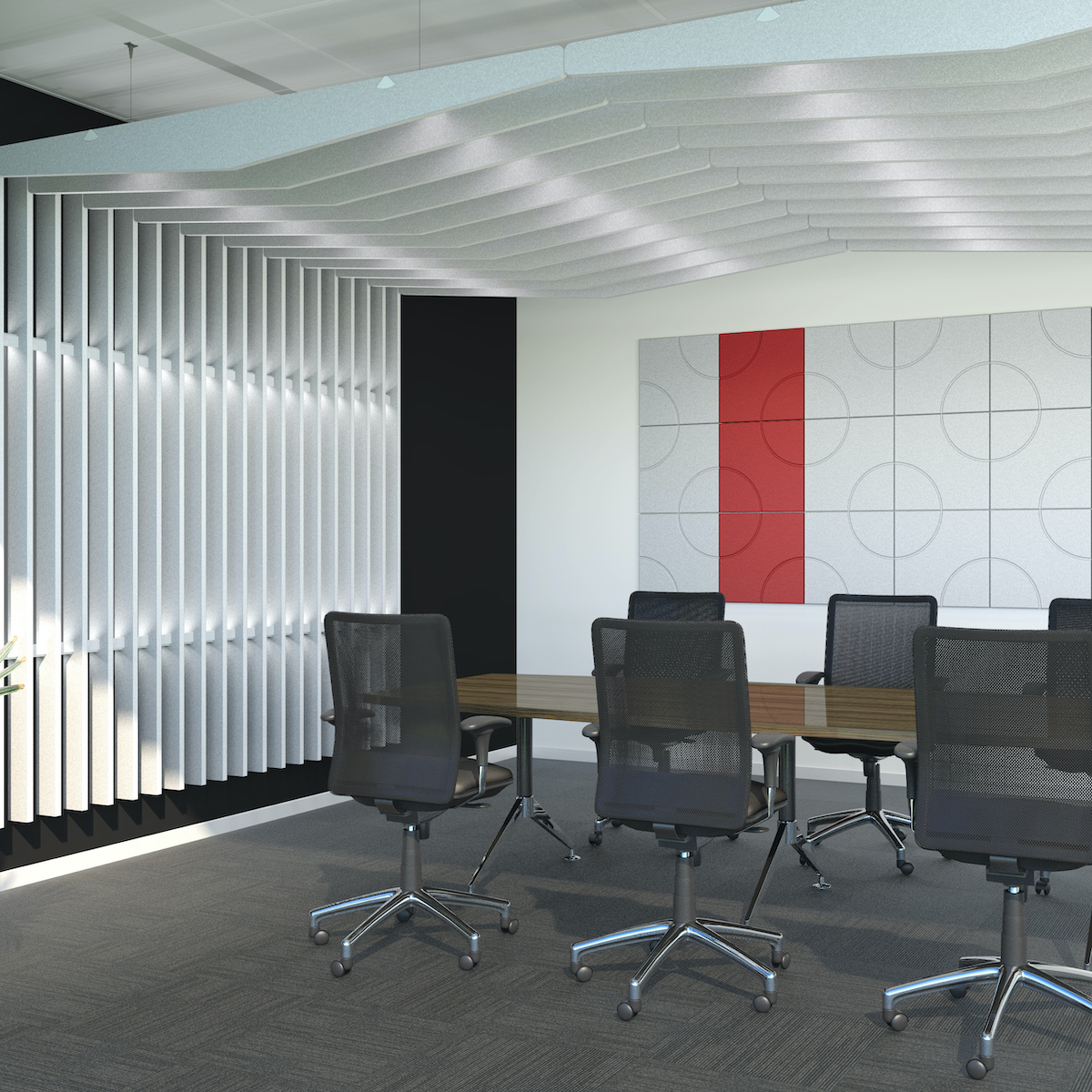White Opus acoustic blades attached to ceiling and walls in an office meeting room, designed to improve acoustics of indoor space. Manufactured & sold by Acoustek Australia & UK.