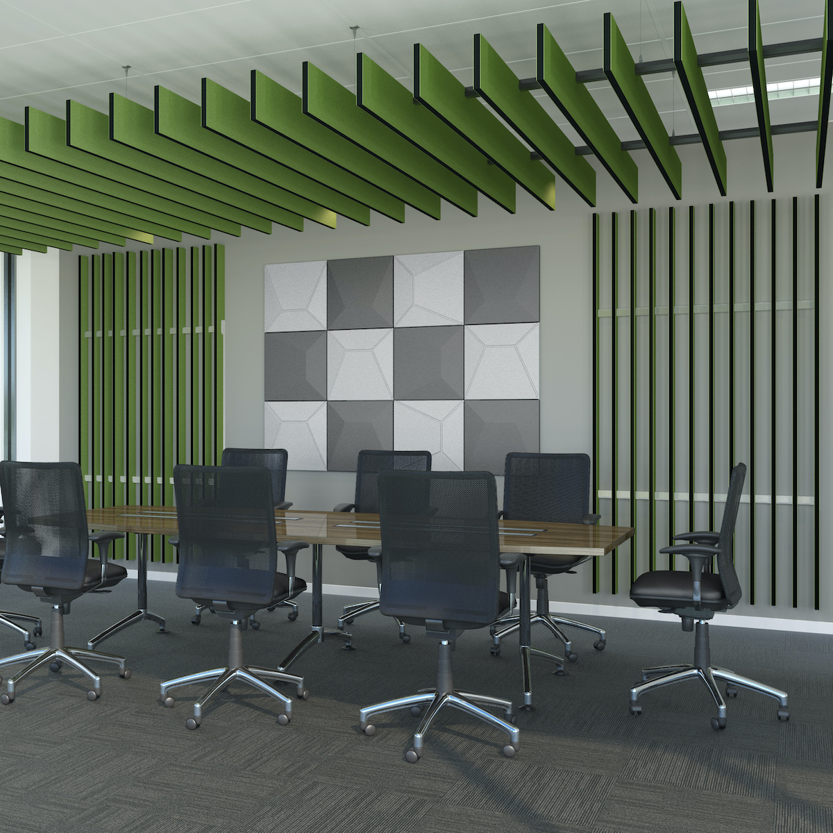 Green modular Opus acoustic blades attached to ceiling and walls in an office meeting room. Designed to improve acoustics of an indoor space. Manufactured & sold by Acoustek Australia & UK