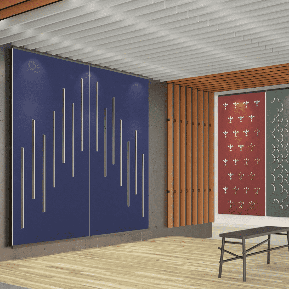 Image of various acoustic panels attached to walls in a room. Panels from Acoustek's Pastorale collection.