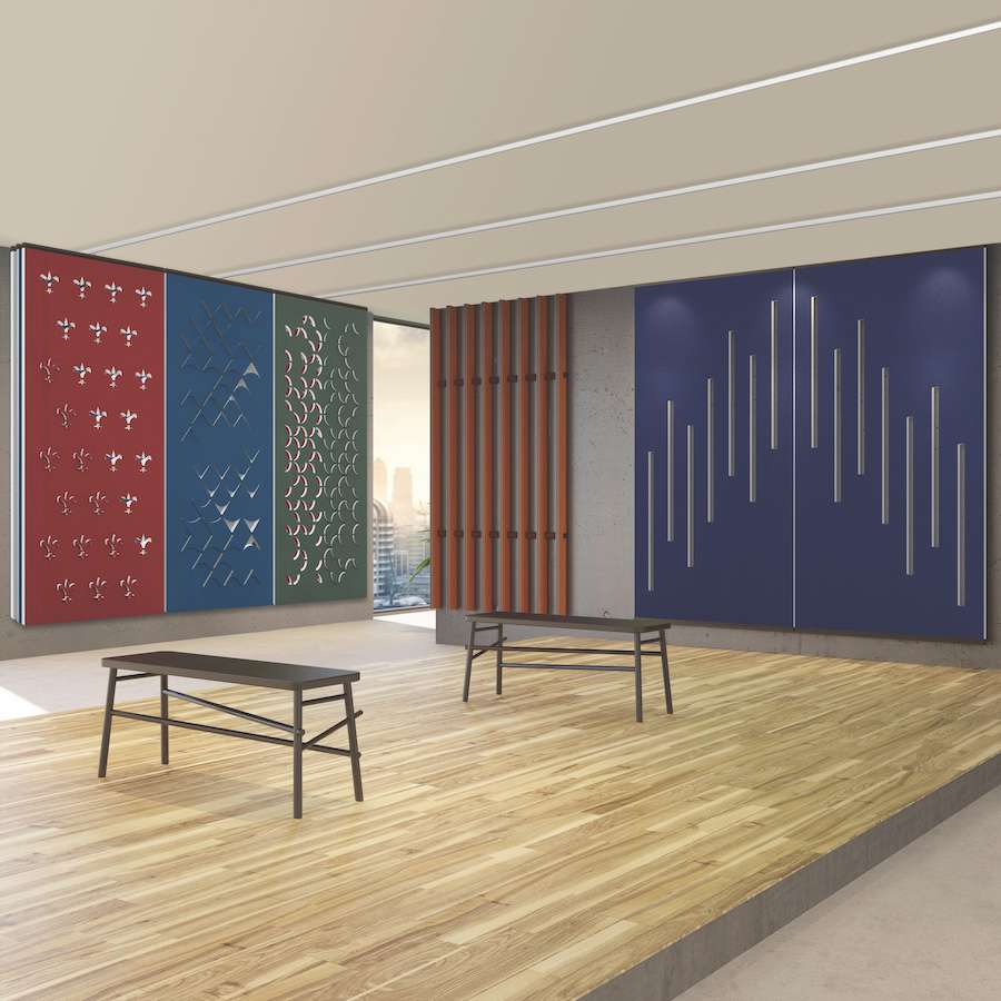 Various Pastorale acoustic panels attached to wall to improve reverberate noise & acoustics in an indoor space. Manufactured & sold by Acoustek Australia & UK.