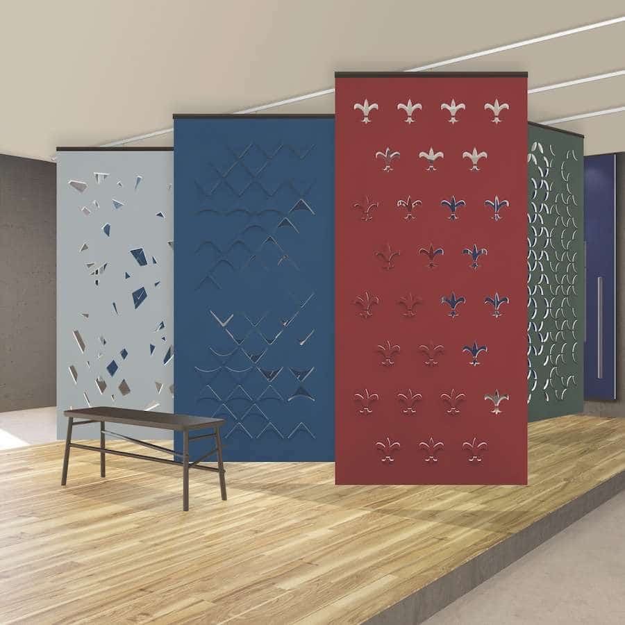 Various Pastorale acoustic panels used in an indoor space and positioned to optimise acoustics in an indoor space. Manufactured & sold by Acoustek Australia & UK.