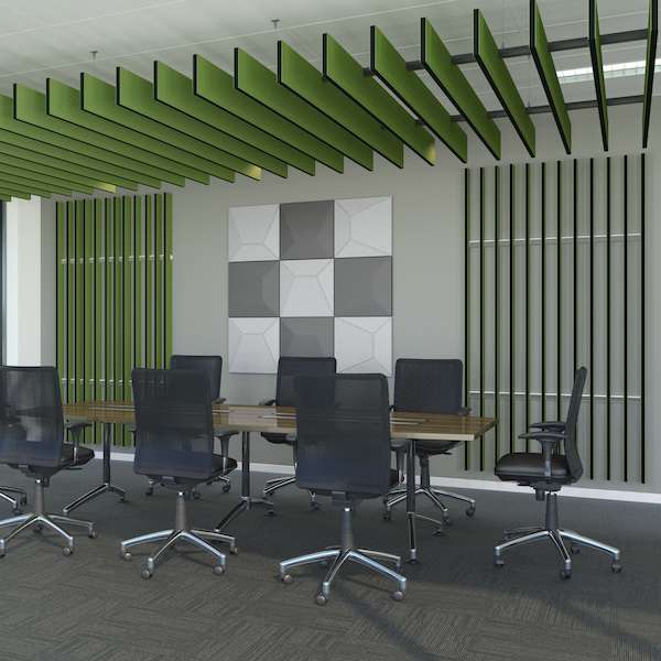 Image of green colour scheme Capella decorative acoustic products in use in a boardroom. Sold by Acoustek.