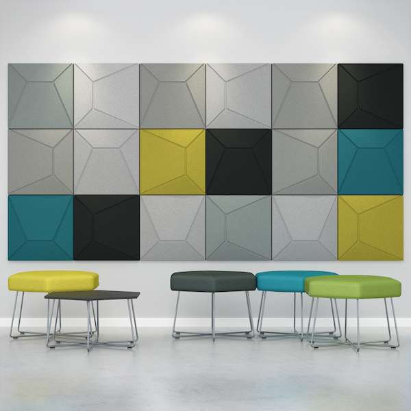 Image of Acoustek Milano acoustic tiles on a wall in various colours (teal, yellow, grey, black).
