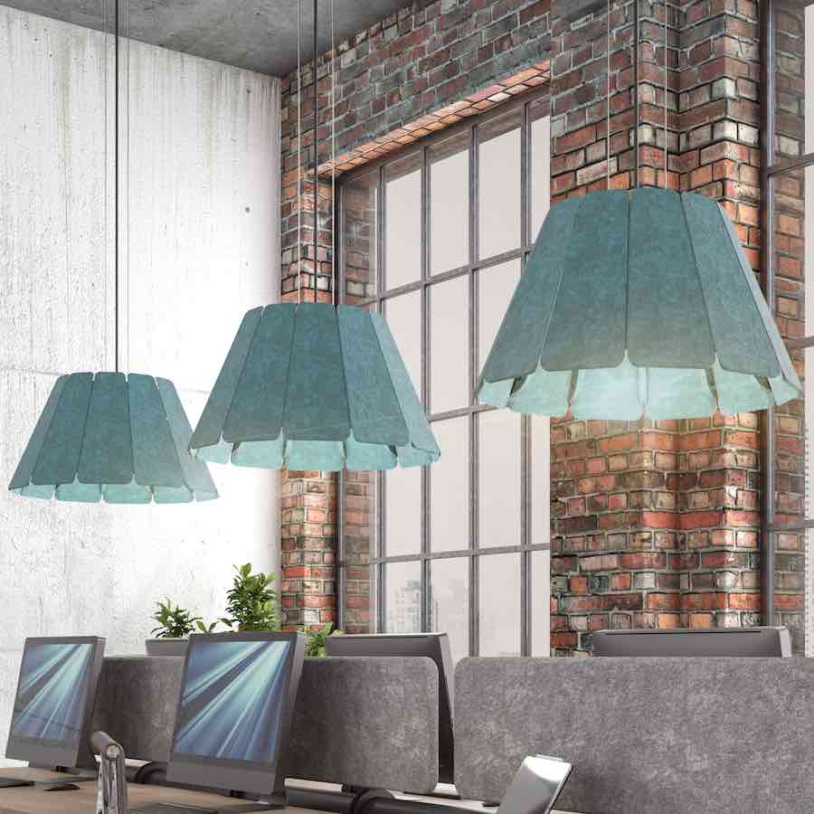 Thumbnail image of Acoustek Petal acoustic light shades hanging up in an office.